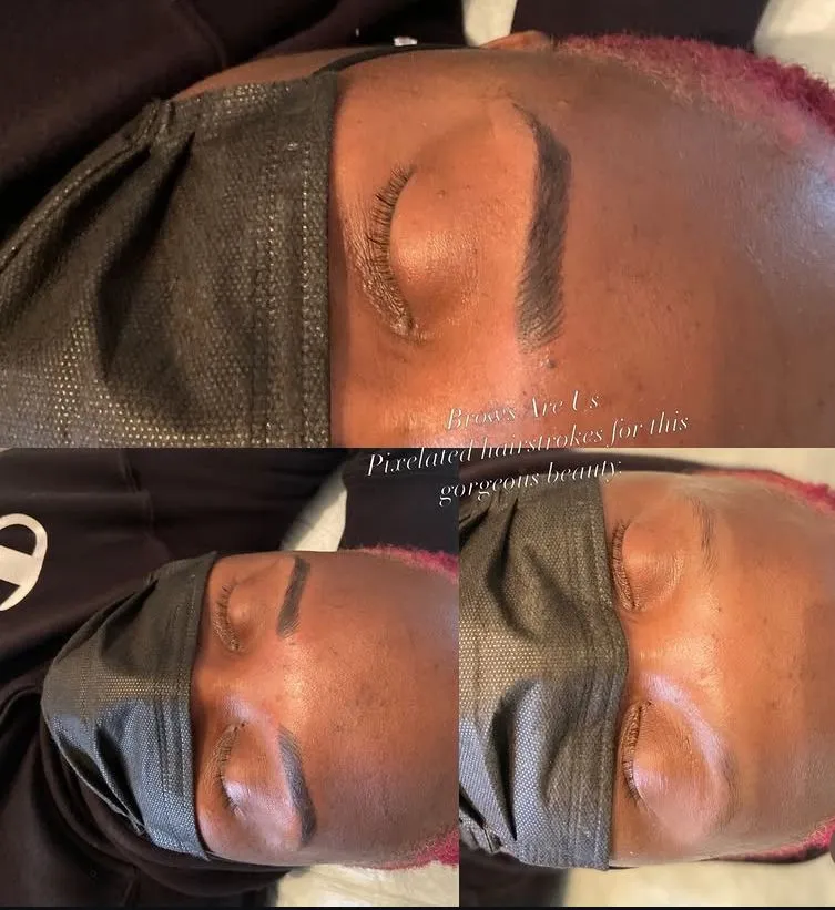 Before-and-after collage showing pixelated brow hairstrokes on a person.